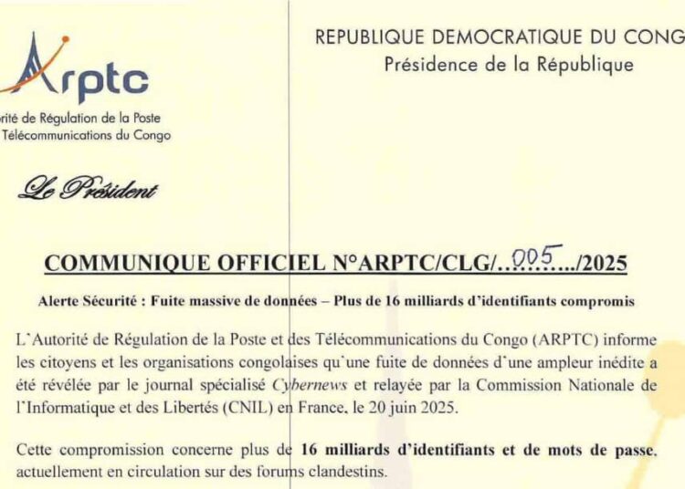 Fuite massive de données : l’ARPTC alerte sur la compromission de plus de 16 milliards d’identifiants